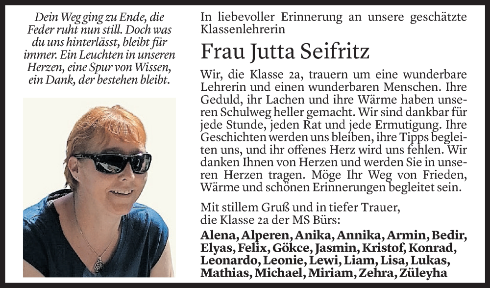  Todesanzeige für Jutta Seifritz vom 10.10.2025 aus Vorarlberger Nachrichten