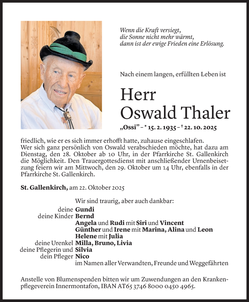  Todesanzeige für Oswald Thaler vom 24.10.2025 aus Vorarlberger Nachrichten