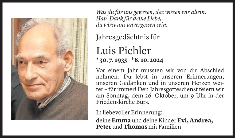  Todesanzeige für Luis Pichler vom 18.10.2025 aus Vorarlberger Nachrichten