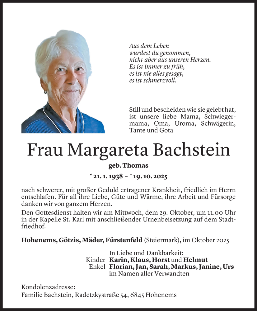  Todesanzeige für Margareta Bachstein vom 24.10.2025 aus Vorarlberger Nachrichten