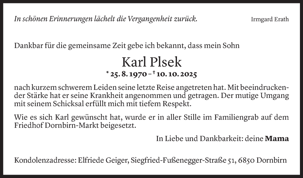  Todesanzeige für Karl Plsek vom 18.10.2025 aus Vorarlberger Nachrichten