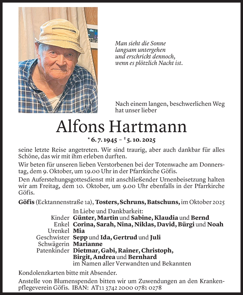  Todesanzeige für Alfons Hartmann vom 07.10.2025 aus Vorarlberger Nachrichten