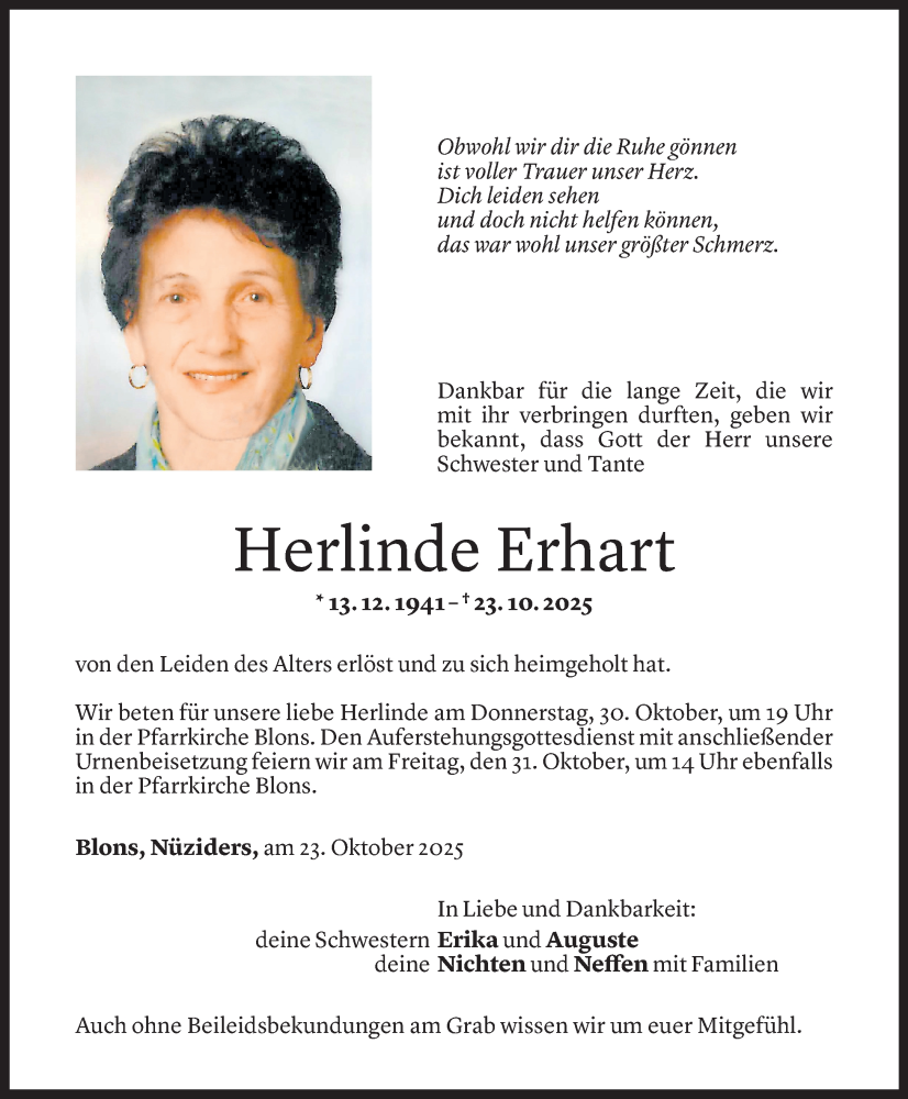  Todesanzeige für Herlinde Erhart vom 27.10.2025 aus Vorarlberger Nachrichten