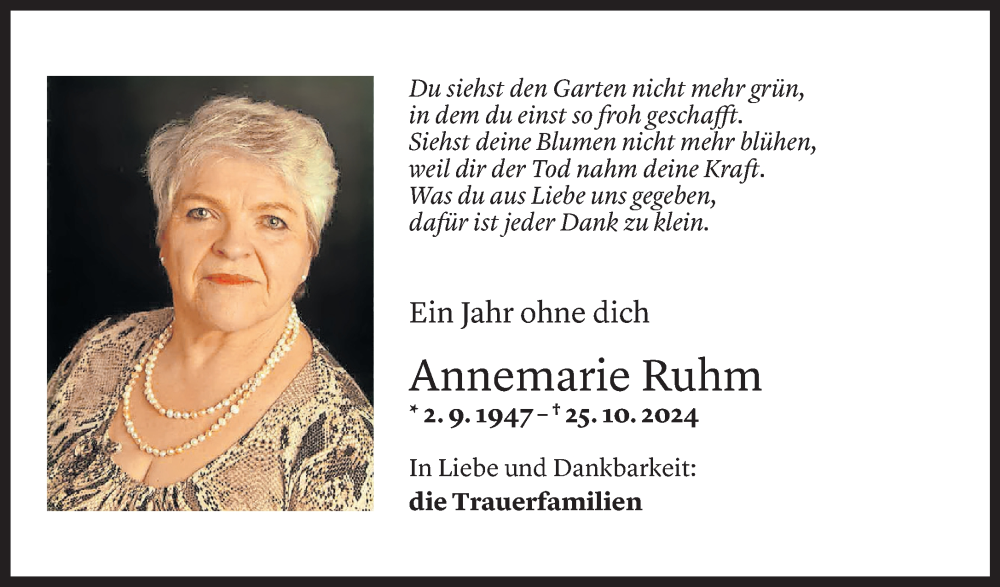  Todesanzeige für Annemarie Ruhm vom 21.10.2025 aus Vorarlberger Nachrichten
