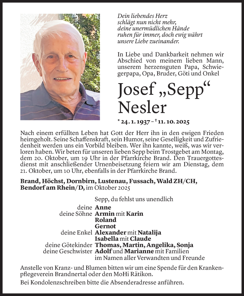  Todesanzeige für Josef Nesler vom 16.10.2025 aus Vorarlberger Nachrichten
