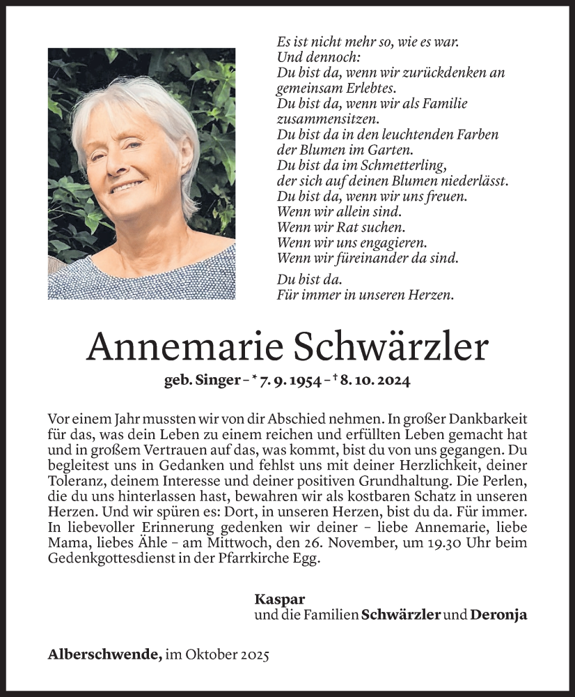  Todesanzeige für Annemarie Schwärzler vom 07.10.2025 aus Vorarlberger Nachrichten