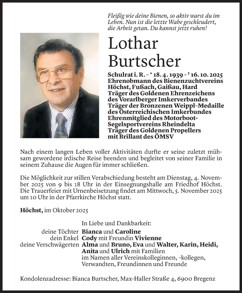  Todesanzeige für Lothar Burtscher vom 30.10.2025 aus Vorarlberger Nachrichten
