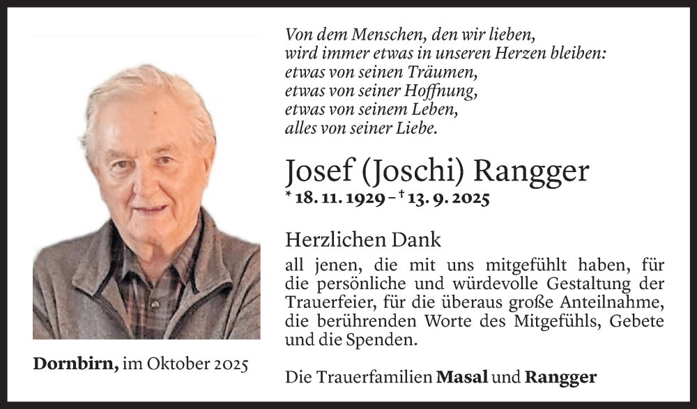  Todesanzeige für Josef Rangger vom 26.10.2025 aus Vorarlberger Nachrichten