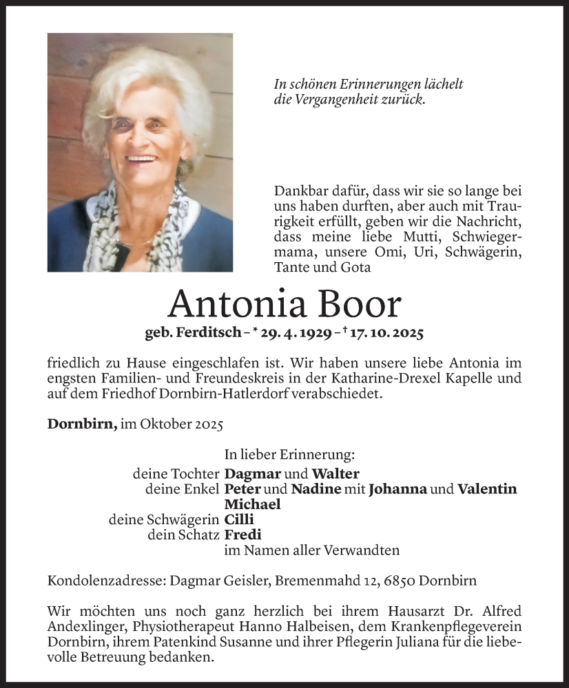  Todesanzeige für Antonia Boor vom 24.10.2025 aus Vorarlberger Nachrichten