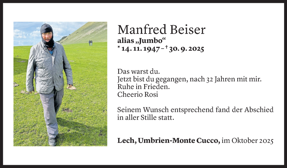  Todesanzeige für Manfred Beiser vom 25.10.2025 aus Vorarlberger Nachrichten