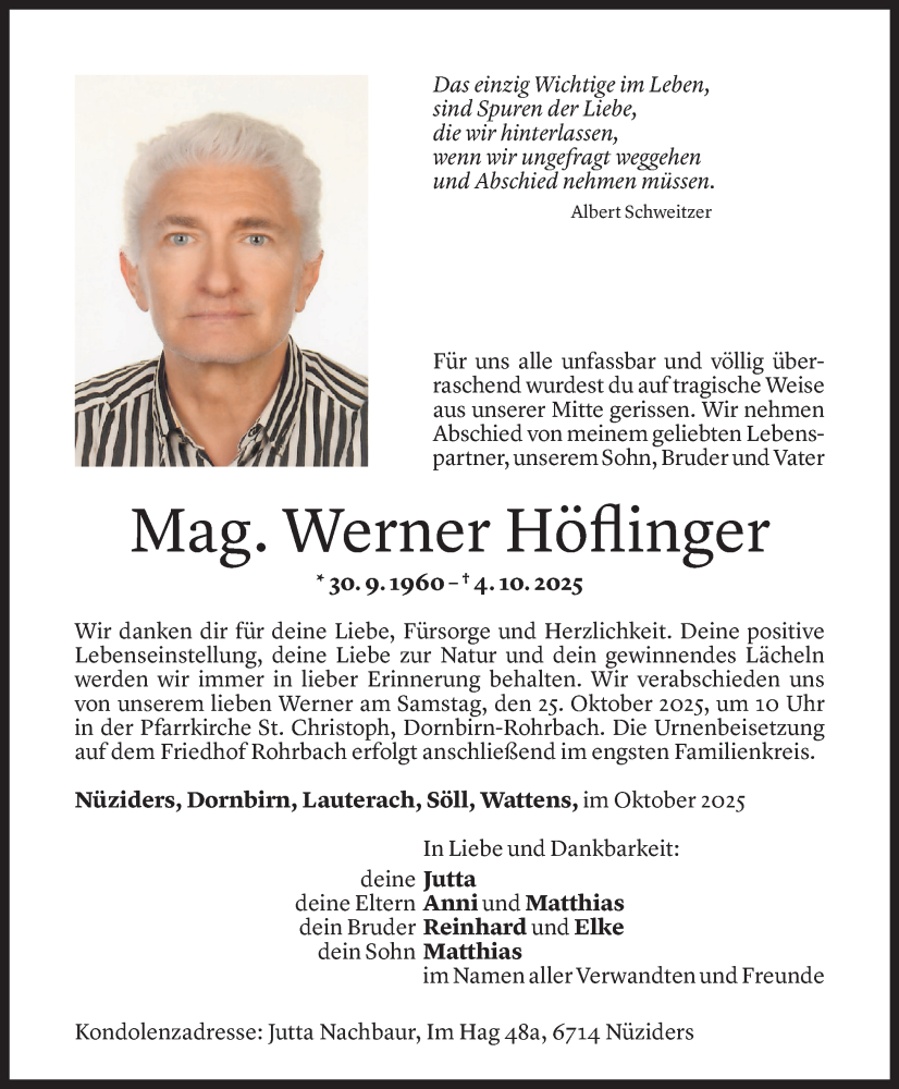  Todesanzeige für Werner Höflinger vom 17.10.2025 aus Vorarlberger Nachrichten