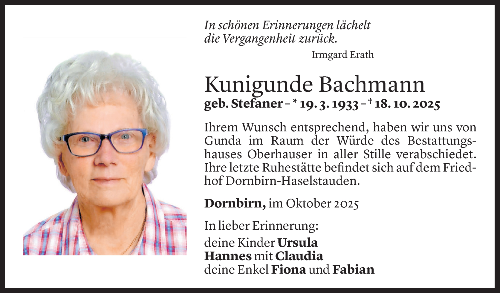  Todesanzeige für Kunigunde Bachmann vom 05.11.2025 aus Vorarlberger Nachrichten