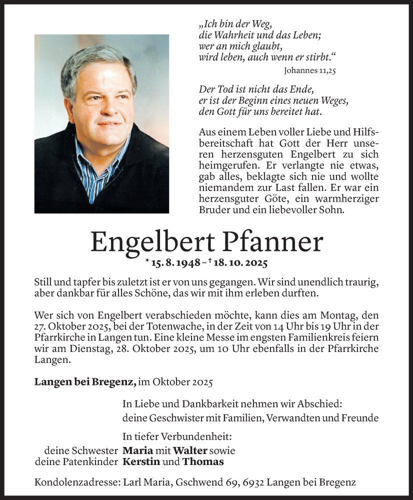  Todesanzeige für Engelbert Pfanner vom 24.10.2025 aus Vorarlberger Nachrichten