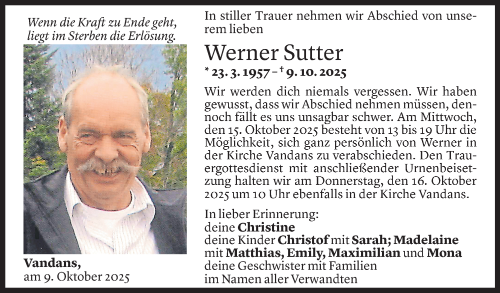  Todesanzeige für Werner Sutter vom 13.10.2025 aus Vorarlberger Nachrichten