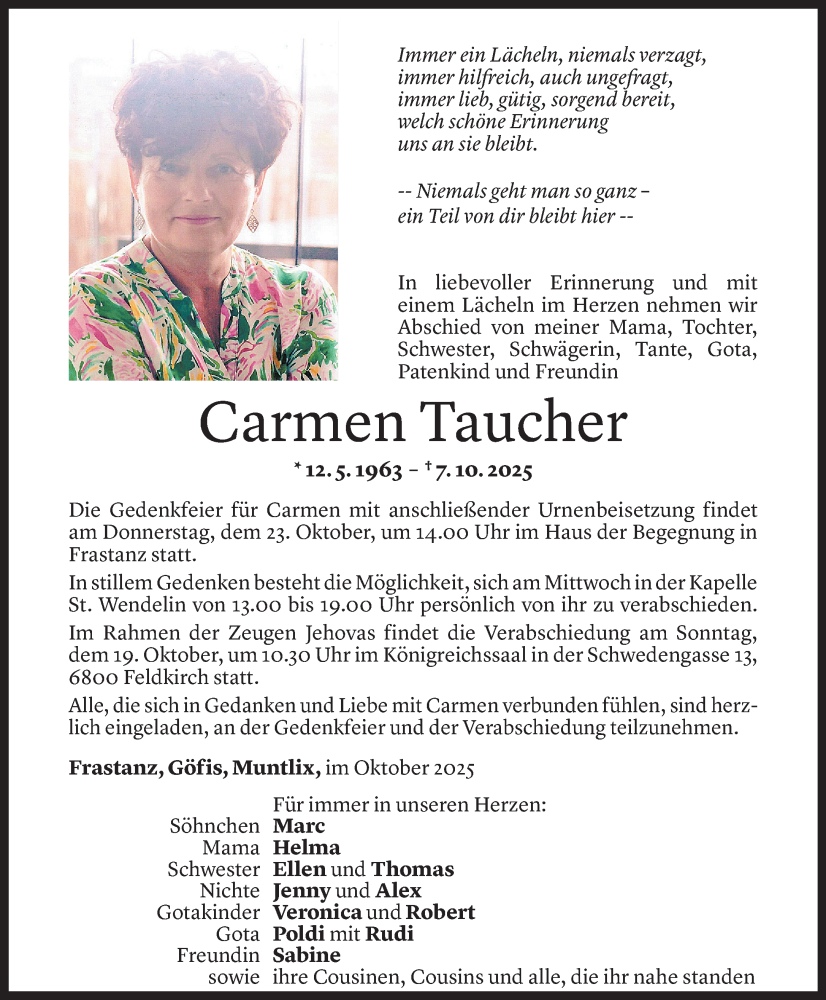  Todesanzeige für Carmen Taucher vom 17.10.2025 aus VN