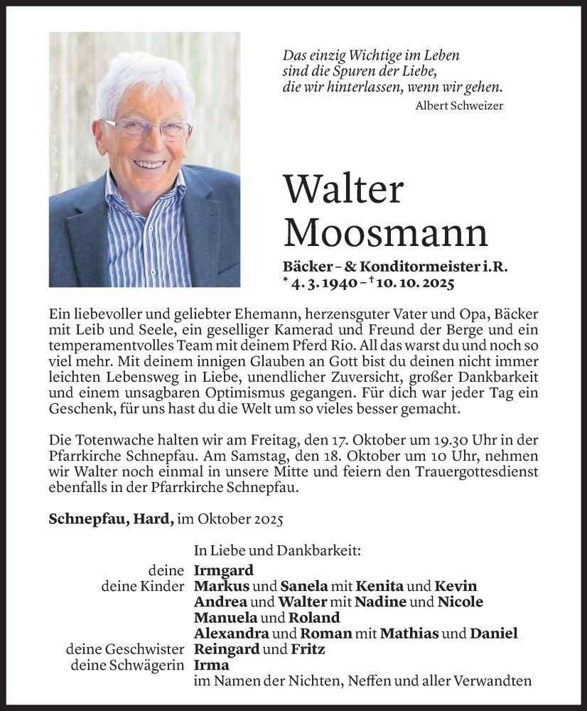  Todesanzeige für Walter Moosmann vom 14.10.2025 aus Vorarlberger Nachrichten