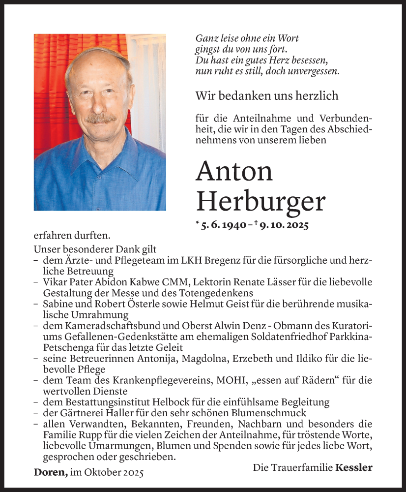  Todesanzeige für Anton Herburger vom 29.10.2025 aus Vorarlberger Nachrichten