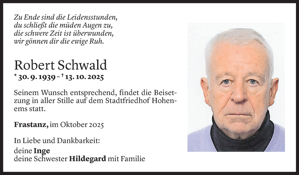  Todesanzeige für Robert Schwald vom 18.10.2025 aus Vorarlberger Nachrichten