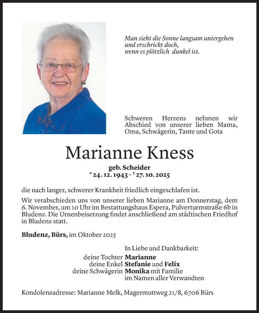  Todesanzeige für Marianne Kness vom 02.11.2025 aus Vorarlberger Nachrichten