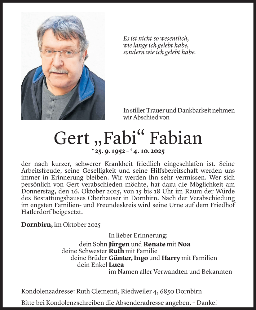  Todesanzeige für Gert Fabian vom 11.10.2025 aus Vorarlberger Nachrichten
