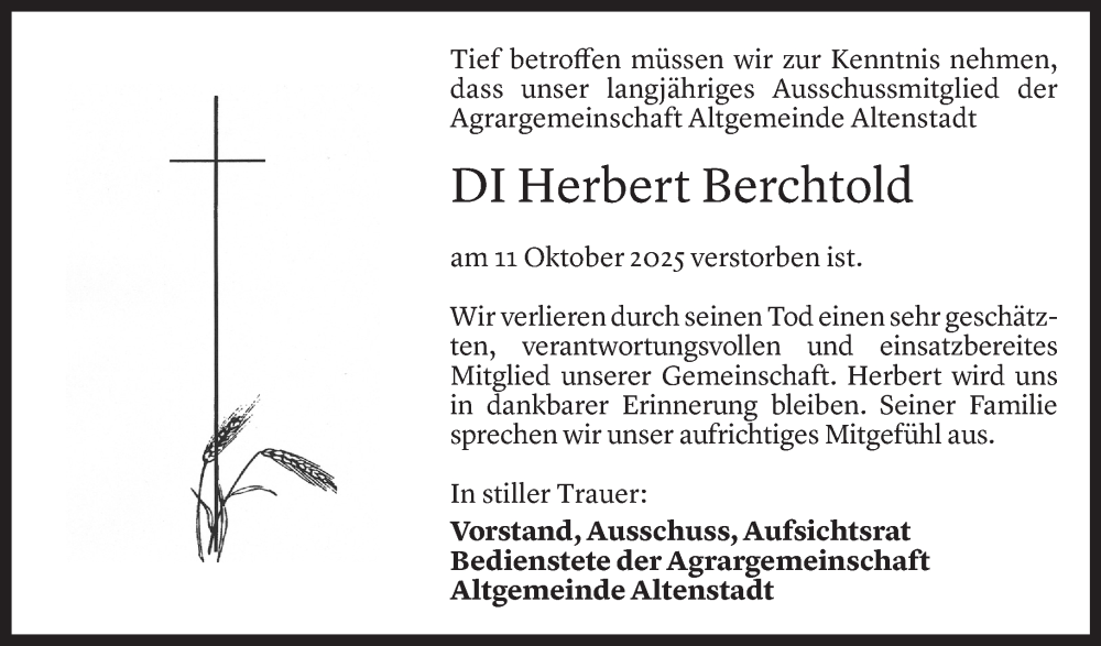  Todesanzeige für Herbert Berchtold vom 15.10.2025 aus Vorarlberger Nachrichten