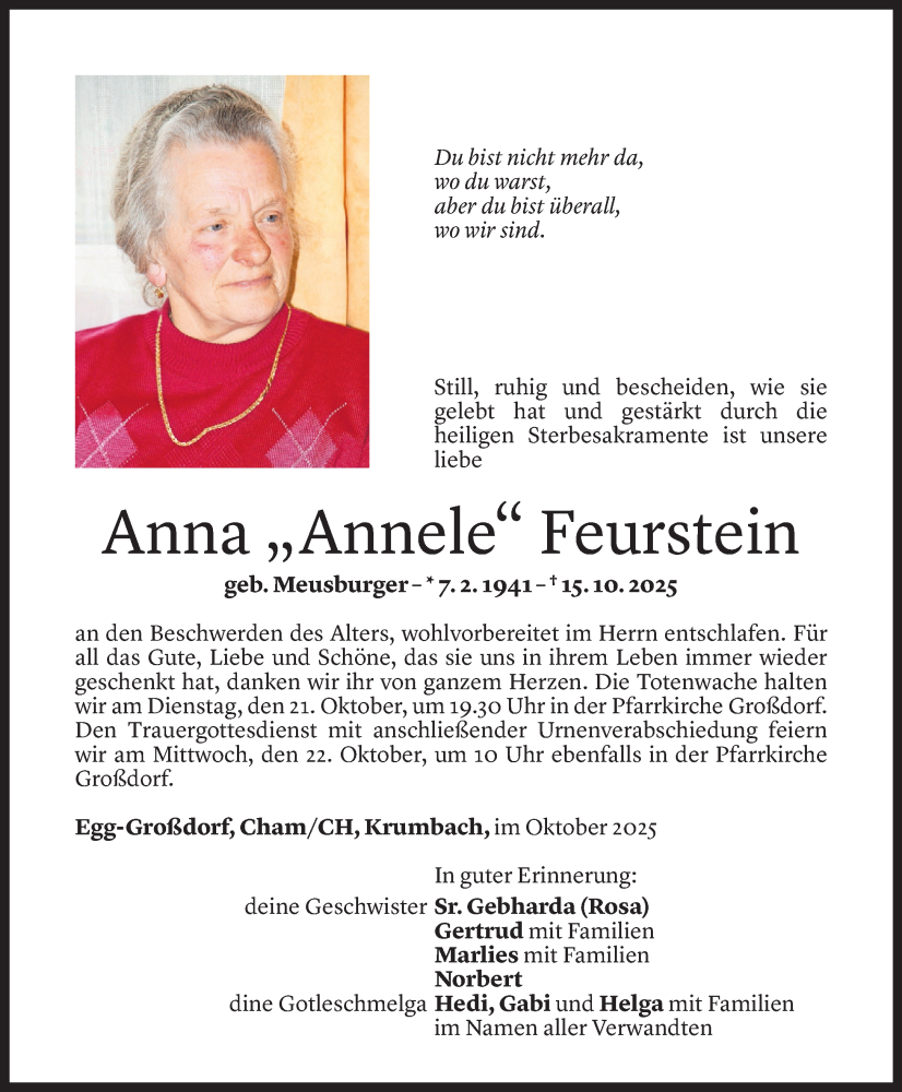  Todesanzeige für Anna Feurstein vom 17.10.2025 aus Vorarlberger Nachrichten