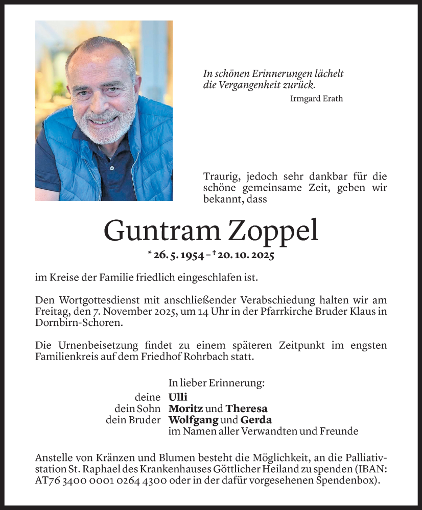  Todesanzeige für Guntram Zoppel vom 31.10.2025 aus Vorarlberger Nachrichten