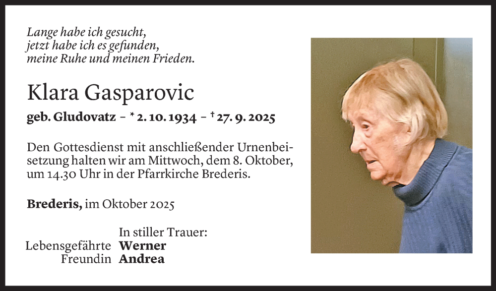  Todesanzeige für Klara Gasparovic vom 02.10.2025 aus Vorarlberger Nachrichten