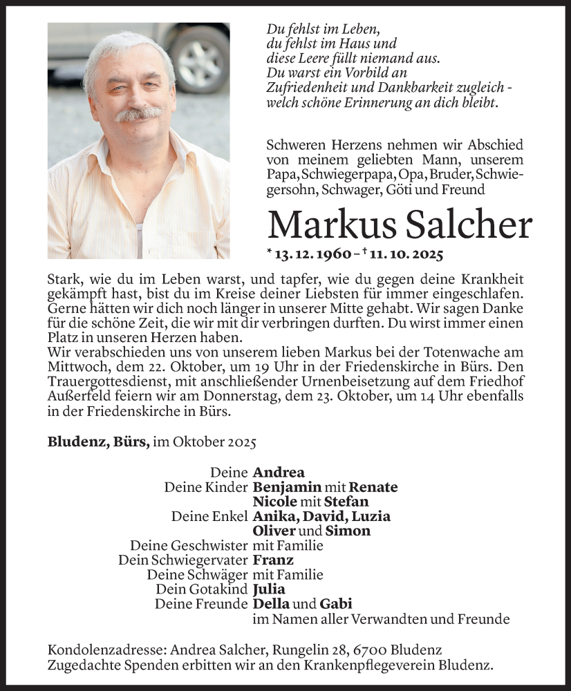  Todesanzeige für Markus Salcher vom 17.10.2025 aus Vorarlberger Nachrichten