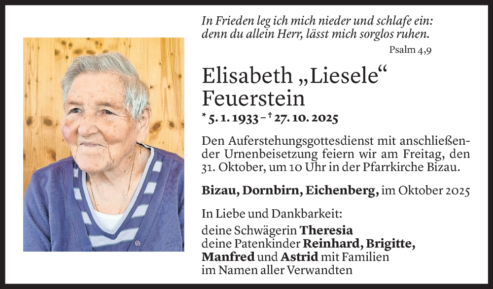  Todesanzeige für Elisabeth Feuerstein vom 28.10.2025 aus Vorarlberger Nachrichten