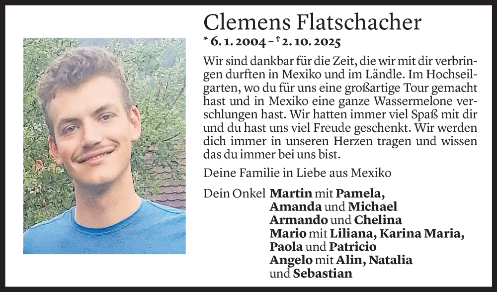  Todesanzeige für Clemens Jakob Flatschacher vom 07.10.2025 aus Vorarlberger Nachrichten
