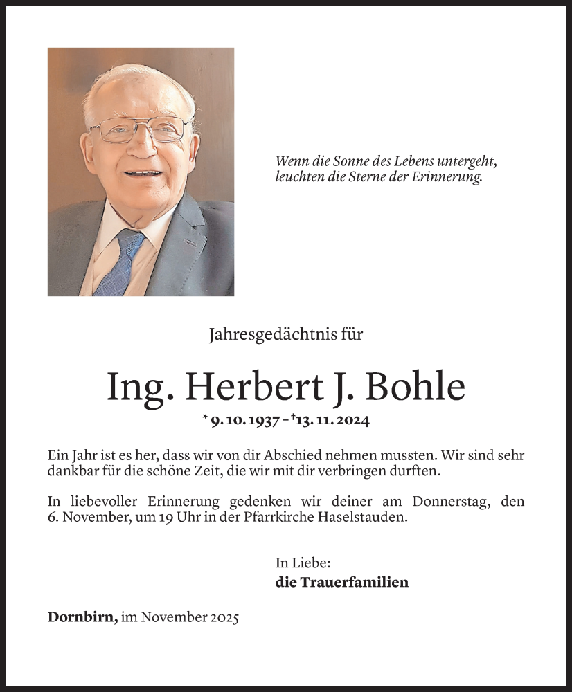  Todesanzeige für Herbert Bohle vom 30.10.2025 aus Vorarlberger Nachrichten