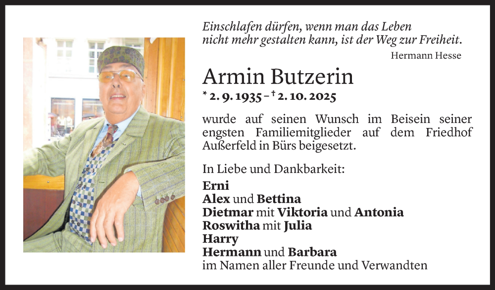  Todesanzeige für Armin Butzerin vom 11.10.2025 aus Vorarlberger Nachrichten
