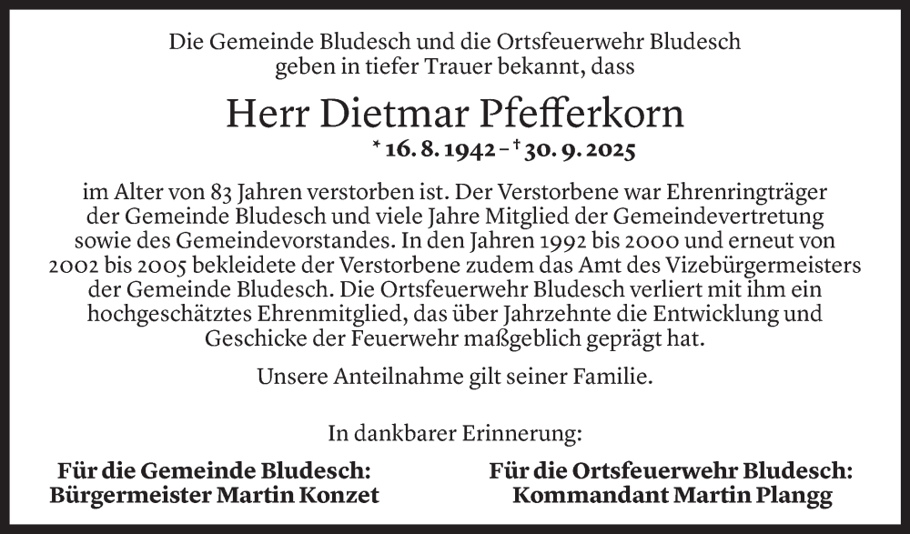  Todesanzeige für Dietmar Pfefferkorn vom 03.10.2025 aus Vorarlberger Nachrichten