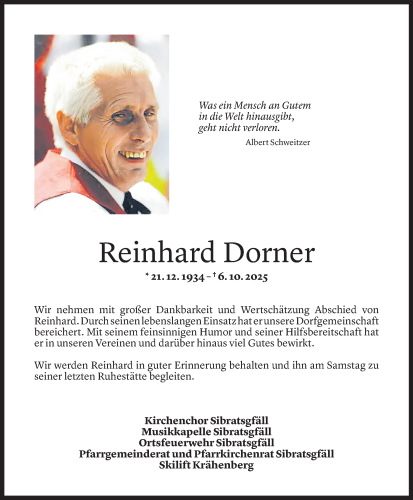  Todesanzeige für Reinhard Dorner vom 09.10.2025 aus Vorarlberger Nachrichten