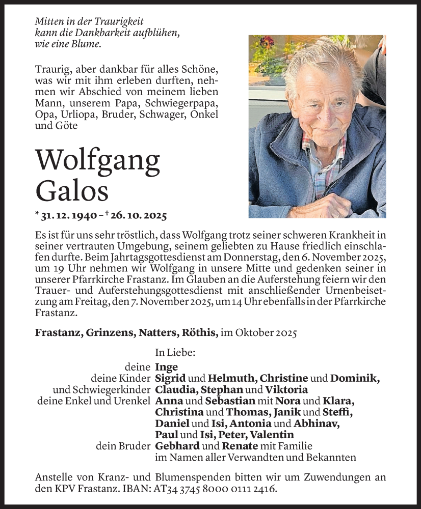  Todesanzeige für Wolfgang Galos vom 30.10.2025 aus Vorarlberger Nachrichten