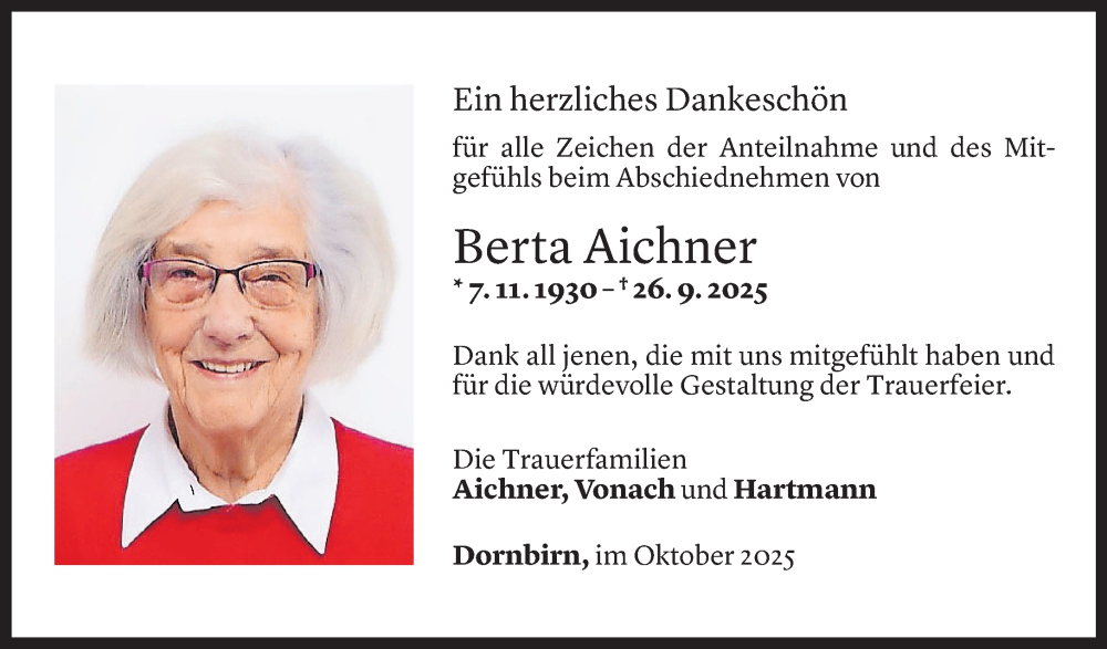  Todesanzeige für Berta Aichner vom 24.10.2025 aus Vorarlberger Nachrichten