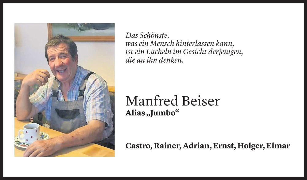  Todesanzeige für Manfred Beiser vom 28.10.2025 aus Vorarlberger Nachrichten