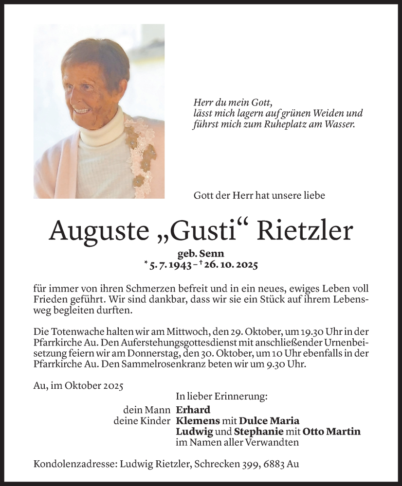  Todesanzeige für Auguste Rietzler vom 27.10.2025 aus Vorarlberger Nachrichten