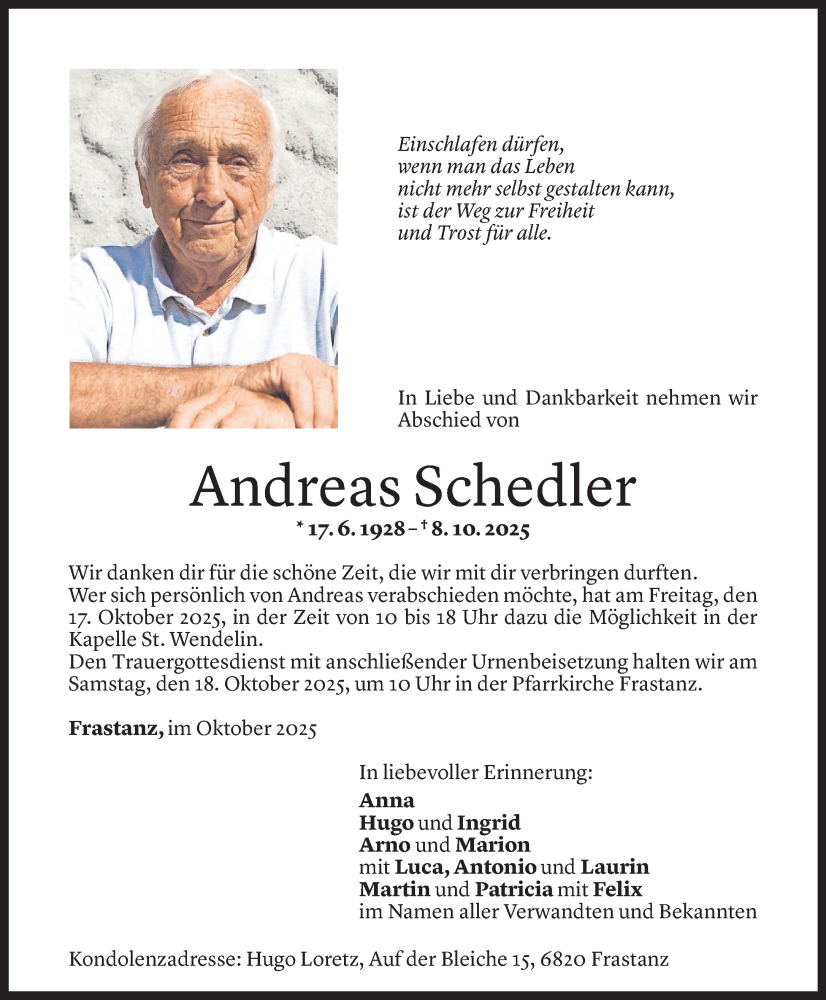  Todesanzeige für Andreas Schedler vom 13.10.2025 aus Vorarlberger Nachrichten