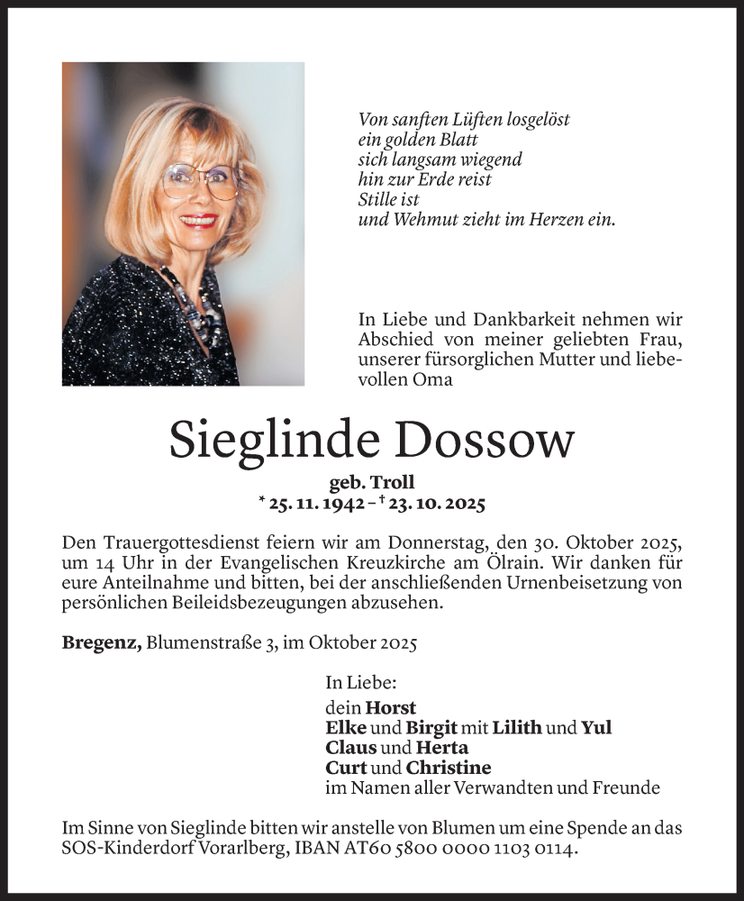  Todesanzeige für Sieglinde Dossow vom 27.10.2025 aus Vorarlberger Nachrichten