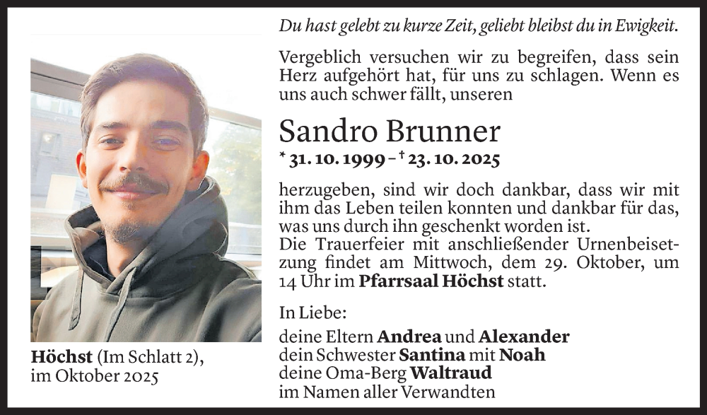  Todesanzeige für Sandro Brunner vom 26.10.2025 aus Vorarlberger Nachrichten