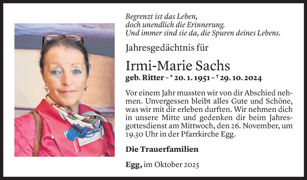  Todesanzeige für Irmi-Marie Sachs vom 29.10.2025 aus Vorarlberger Nachrichten