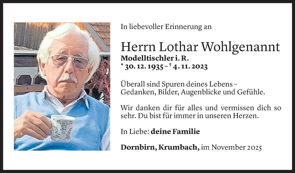  Todesanzeige für Lothar Wohlgenannt vom 04.11.2025 aus Vorarlberger Nachrichten