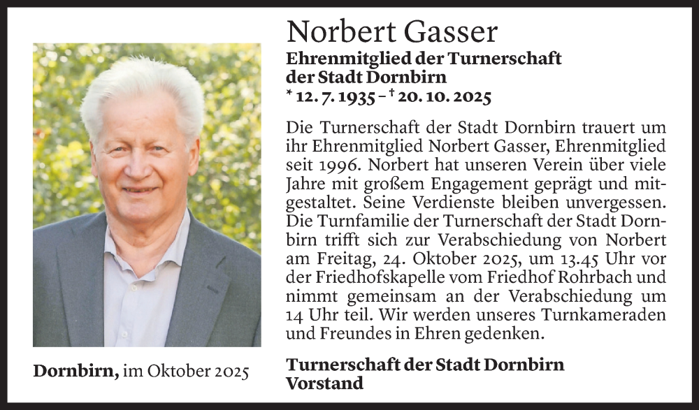  Todesanzeige für Norbert Gasser vom 21.10.2025 aus Vorarlberger Nachrichten