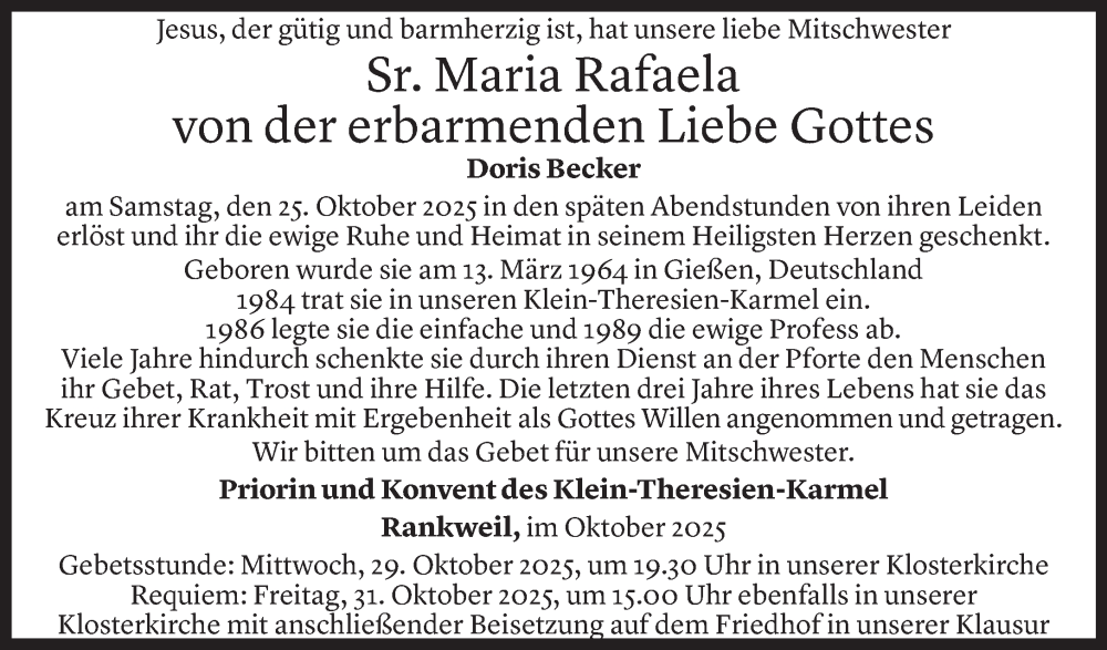  Todesanzeige für Sr. Maria Rafaela  vom 27.10.2025 aus Vorarlberger Nachrichten