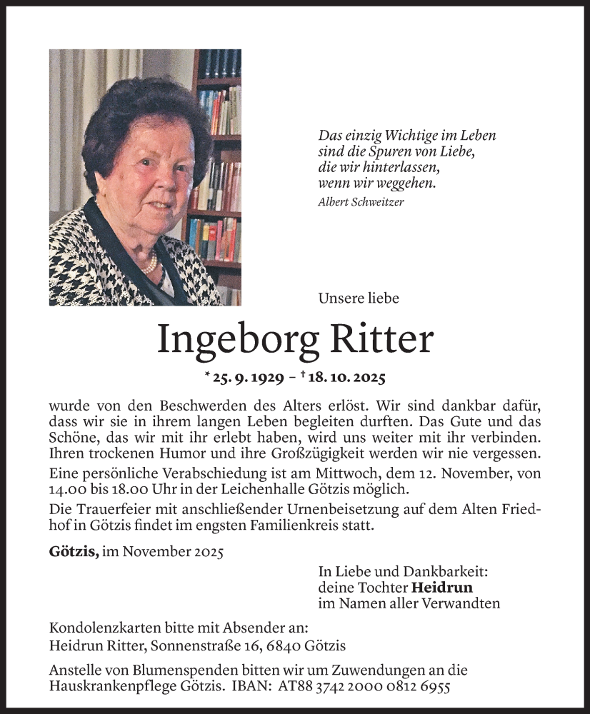  Todesanzeige für Ingeborg Ritter vom 05.11.2025 aus Vorarlberger Nachrichten