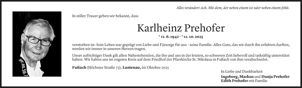  Todesanzeige für Karlheinz Prehofer vom 03.11.2025 aus Vorarlberger Nachrichten