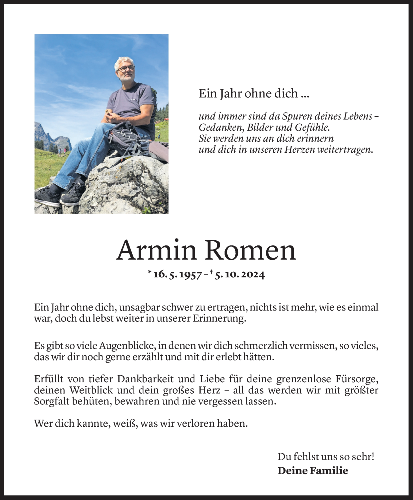  Todesanzeige für Armin Romen vom 03.10.2025 aus Vorarlberger Nachrichten