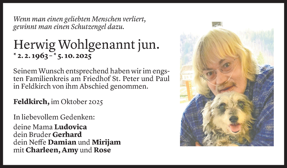  Todesanzeige für Herwig Wohlgenannt vom 11.10.2025 aus Vorarlberger Nachrichten